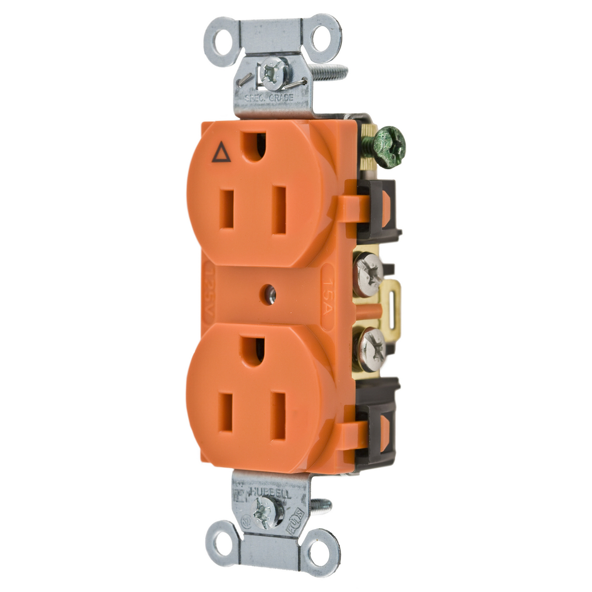 Straight Blade Devices, Receptacles, Duplex, Commercial Grade, Corrosion Resistant, Smooth Face, 15A 125V, 2-Pole 3-Wire Grounding, 5-15R, Side Wired, Orange.