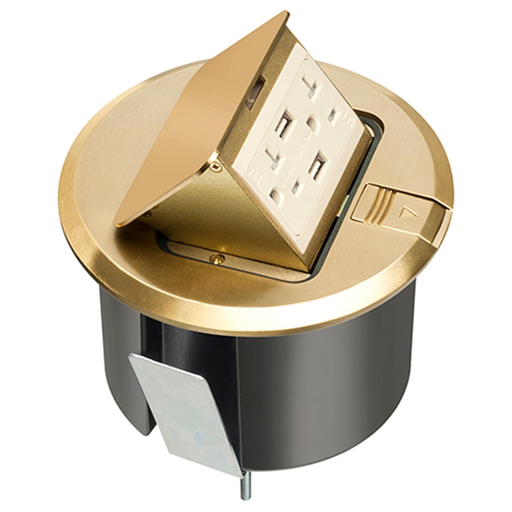 Pop up counter top box kit with round brass plated cover. With Round plastic box. Comes with 20 amp decorator style tamper resistant receptacle with (2) USB ports.