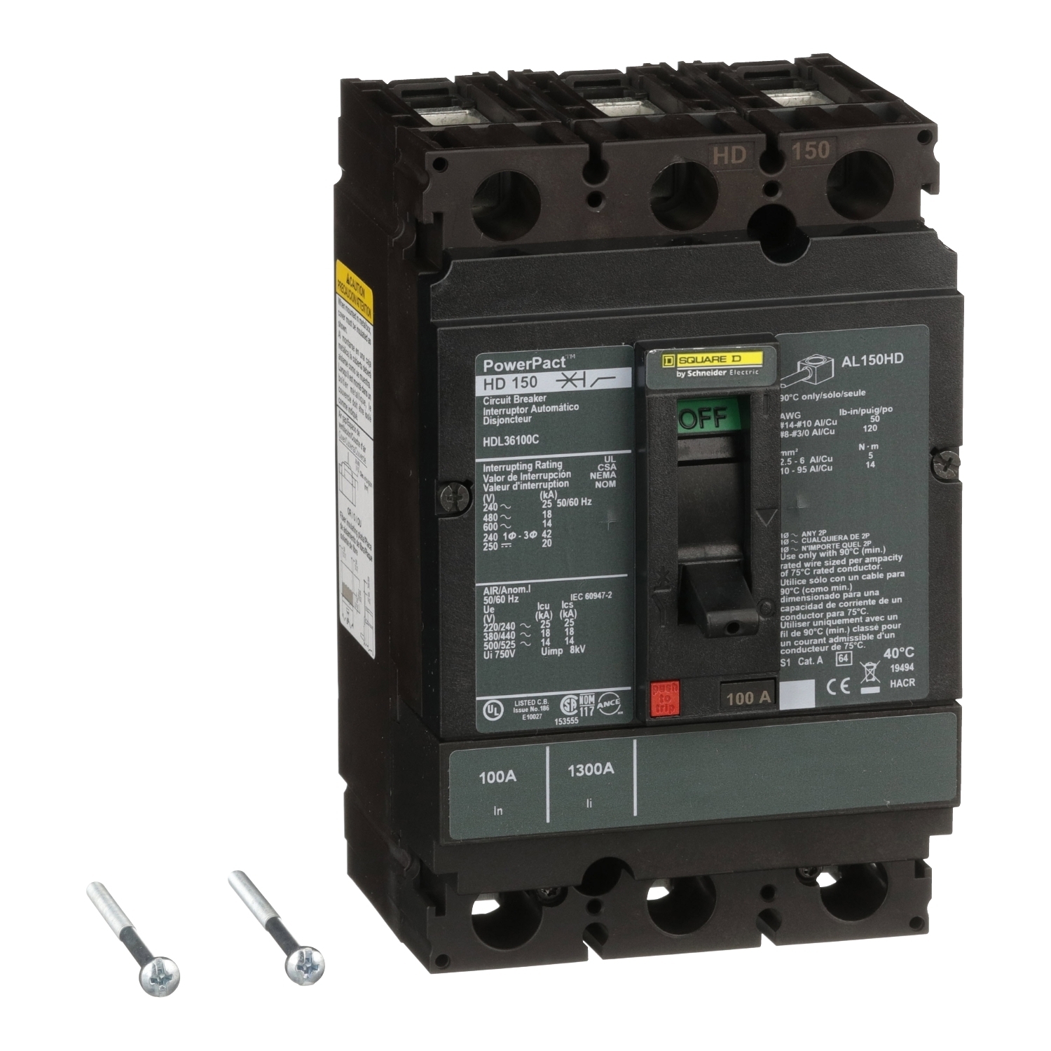 Circuit breaker, PowerPacT H, 100A, 3 pole, 600VAC, 14kA, lugs, thermal magnetic, 100%