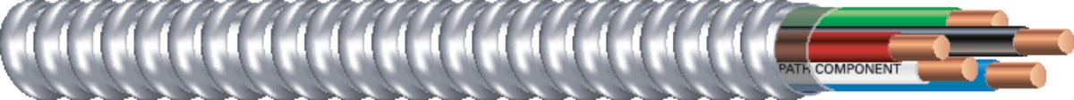 Southwire Armorlite Type MC Cable is constructed with soft-drawn copper  Type THHN/THWN-2 conductors rated 90C dry  and a bare copper grounding conductor for sizes 1/0 AWG and larger. The conductors are cabled together and a binder tape bearing the print legend is wrapped around the assembly. Aluminum interlocking armor is applied over the assembly. Also available in steel. Conductors are black with phase identification. Colors available upon request with economic order quantity.
