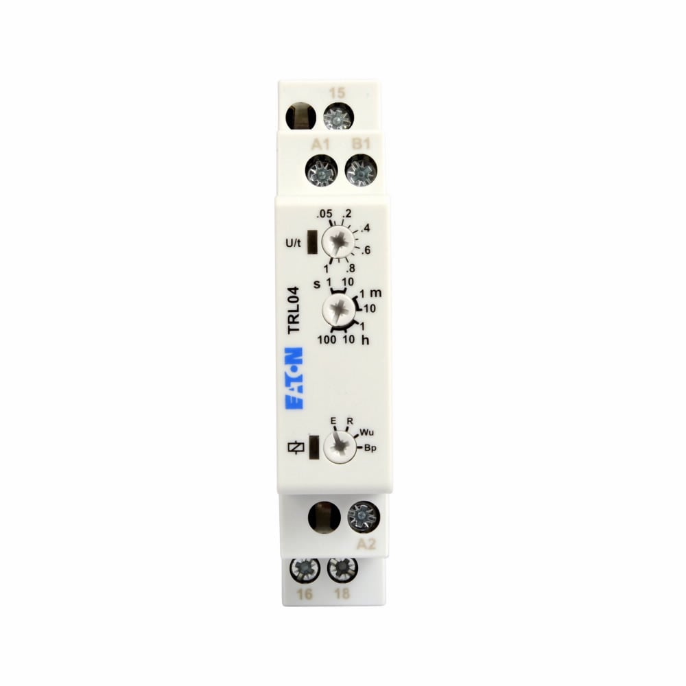 Eaton 4-function Universal TR Series Timing Relay, style terminals, 0.05 seconds-100 hours time delay, 24-240 Vac/dc input voltage, Compact DIN rail mount, SPDT contact configuration, IP40 enclosure