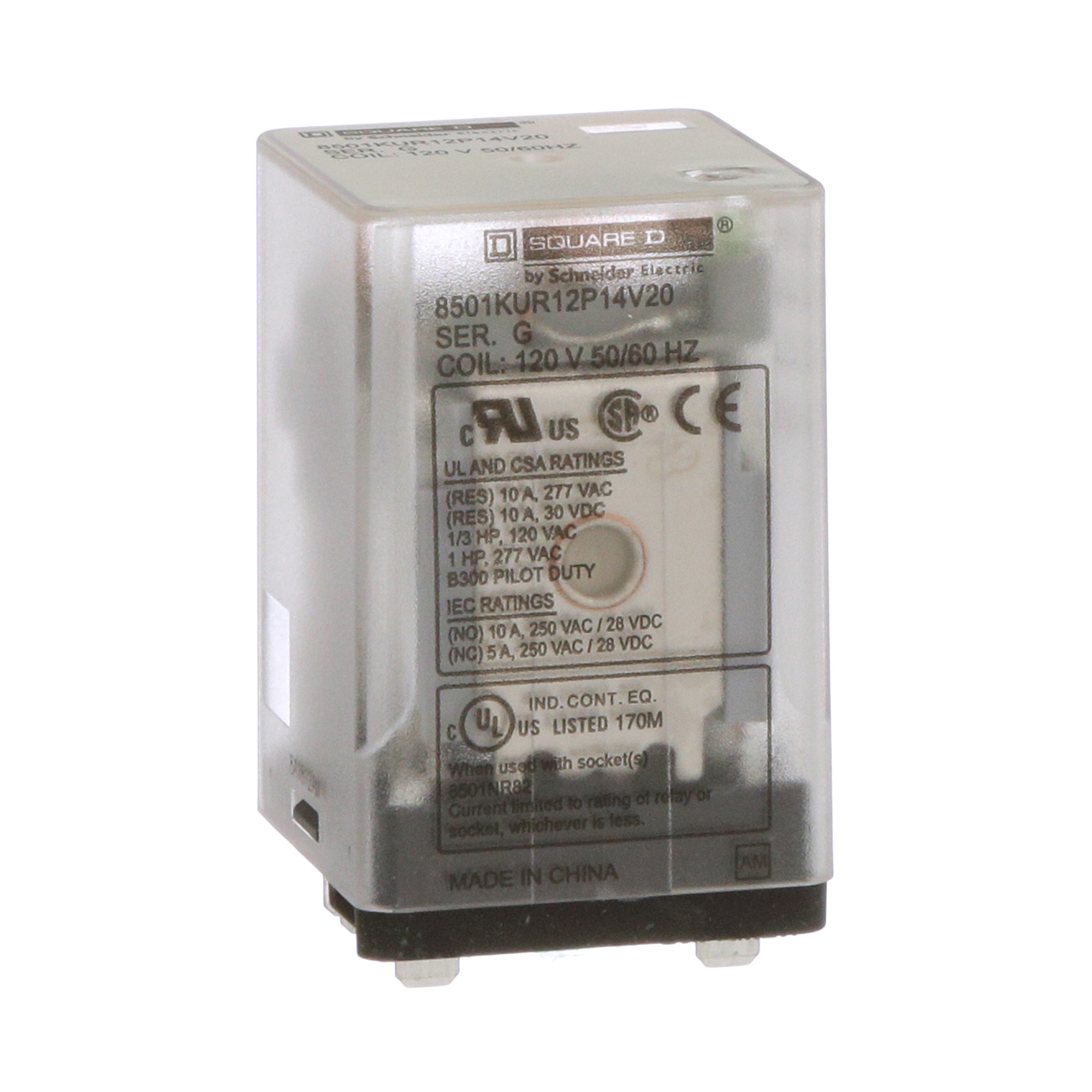 Plug in relay, Type KU, blade, 0.5 HP at 240 VAC, 10A resistive at 120 VAC, 8 blade, DPDT, 2 NO, 2 NC, 120 VAC coil