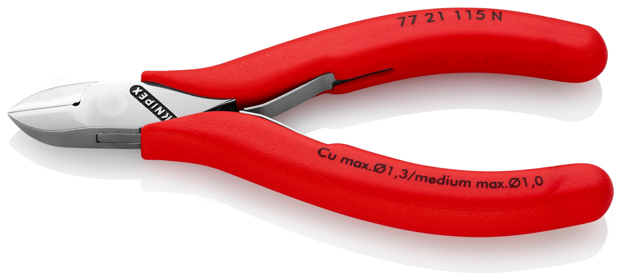 Electronics Diagonal Cutters, 4 1/2 in., Single component, Polished, Flush Cut, Tapered Head, Up to 3/64 in. Medium Wire