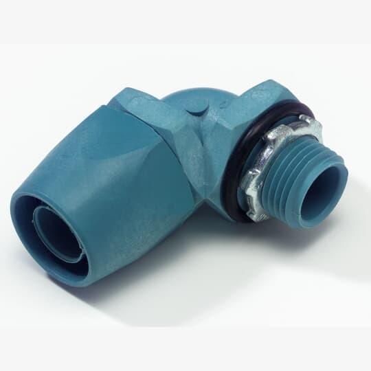 3/4 Inch 90 Degree Non-metallic Type A Liquidtight Connector With Captive Sealing O-ring and Tapered Hub Thread