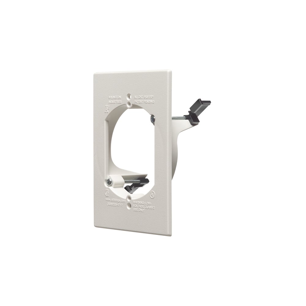 Low voltage cable entry bracket with slotted cover. Installs with a 3-1/2" hole saw in less than a minute. Color White. Adjusts to fit wall thicknesses from 1/4" to 1-1/2".