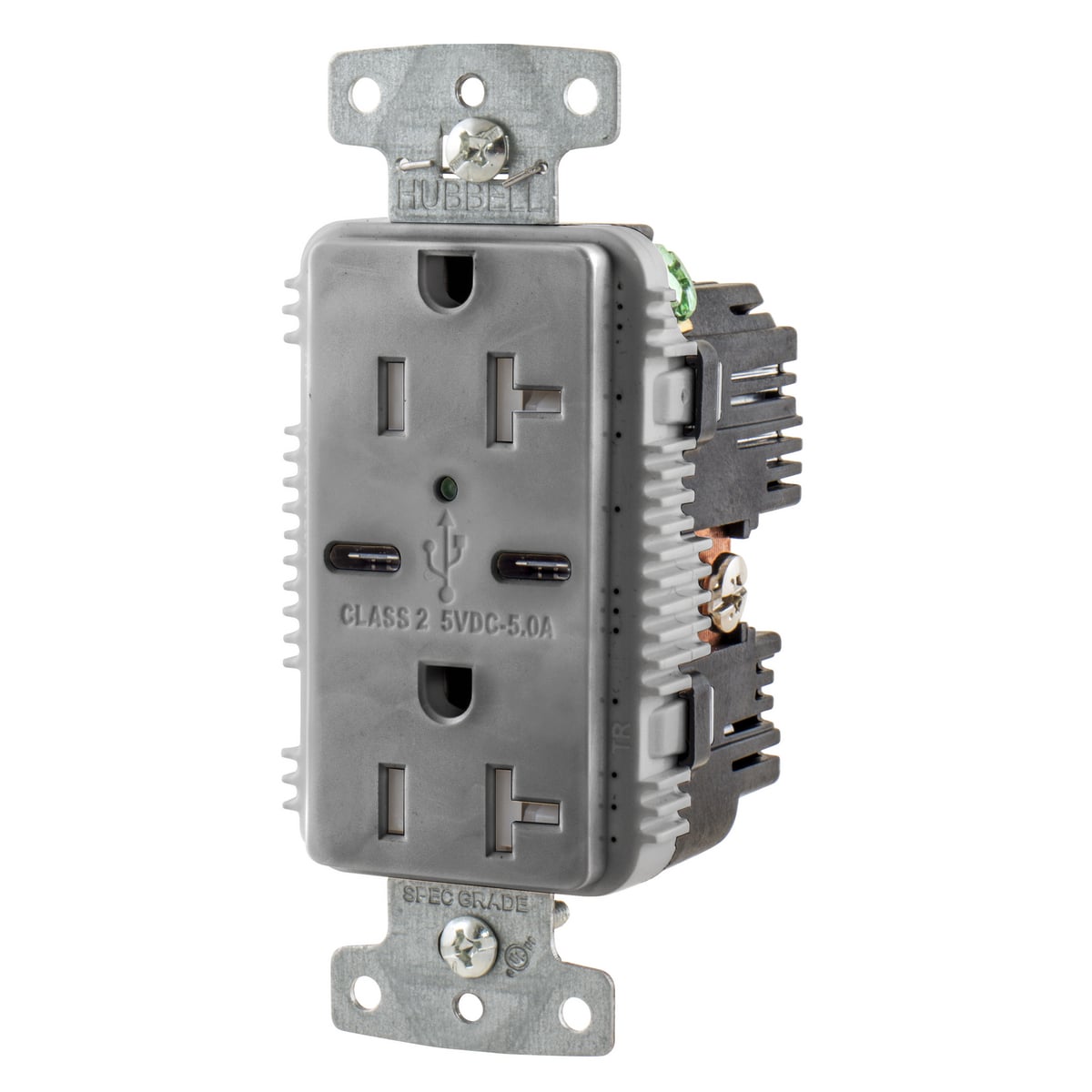 USB Charger Duplex Receptacle, 20A 125V,2-Pole 3-Wire Grounding, 5-20R, 2) 5A "C" USB Ports, Gray