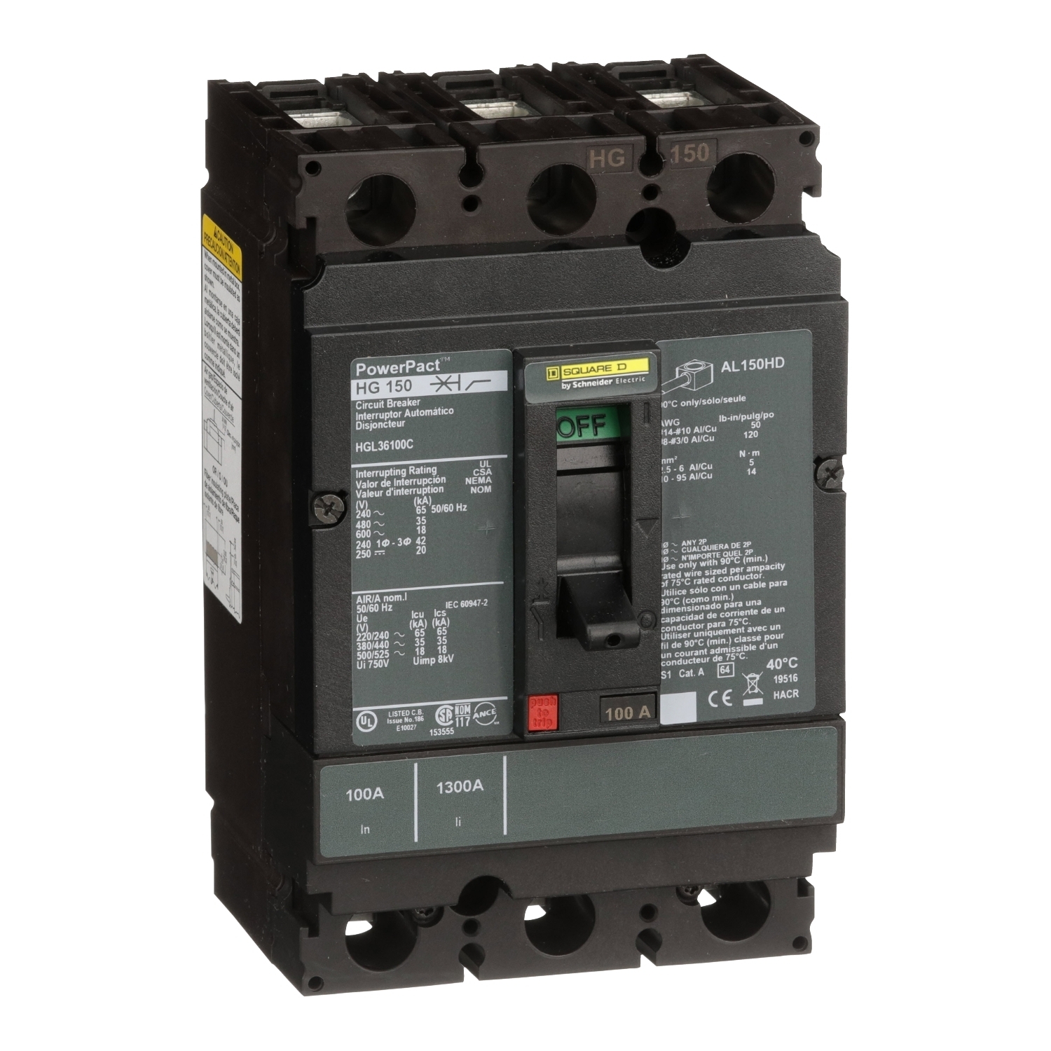 Circuit breaker, PowerPacT H, 100A, 3 pole, 600VAC, 18kA, lugs, thermal magnetic, 100%