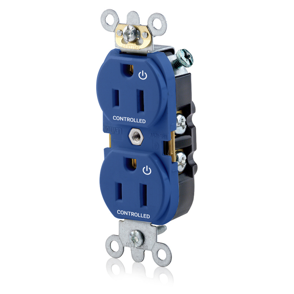 Duplex Receptacle Narrow Body Design. 2-pole 3-wire. Nema 5-15R. 15A-125V. Flat Face. Back And Sidewired. Industrial Spec Grade, Self Grounding. 2 Plugs Controlled Markings - Blue