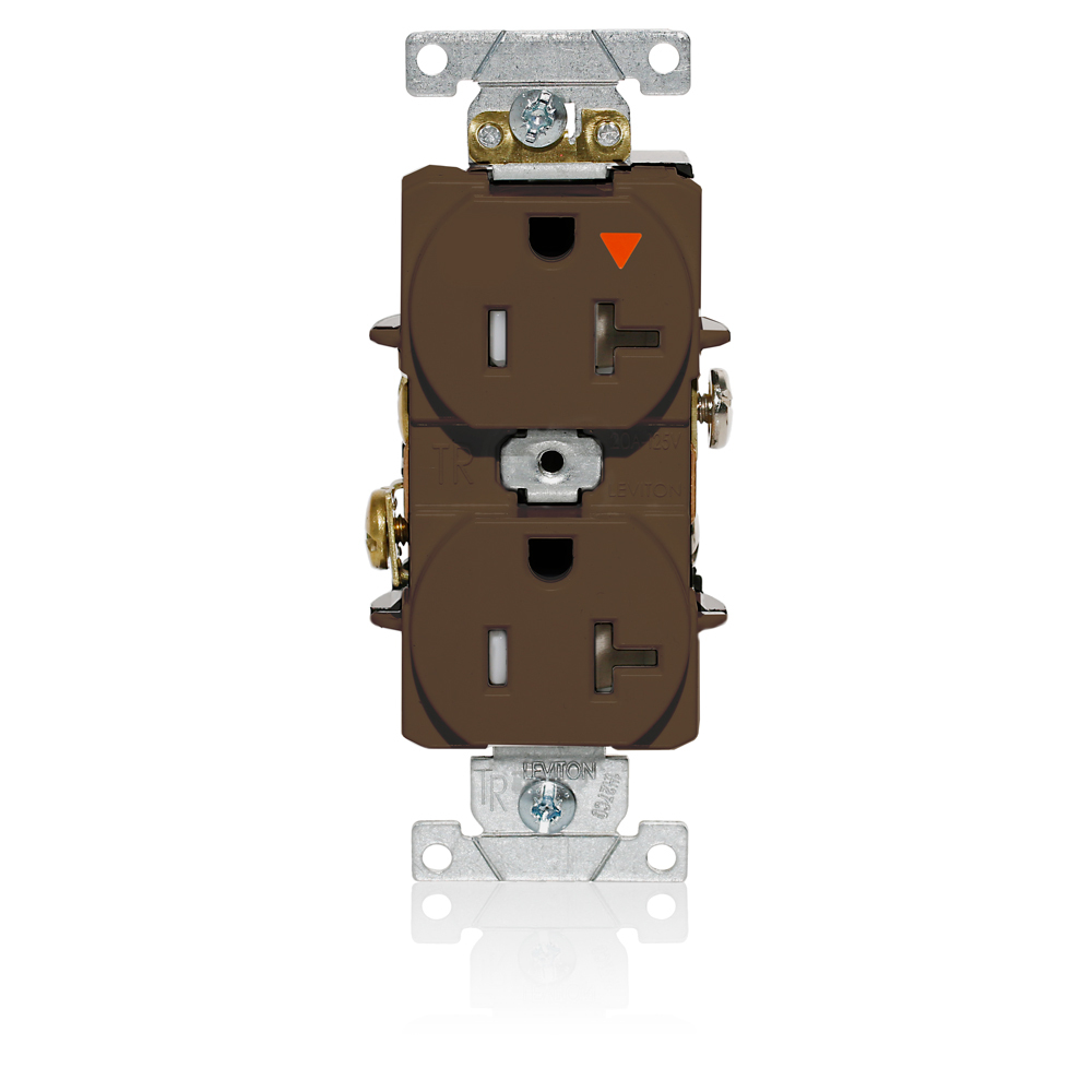 Duplex Receptacle, Tamper-resistant, Isolated Ground, 2-Pole 3-Wire Grounding, NEMA 5-20R, 20A-125V Flat Face, Back And Side Wired, Brown. 1-piece Ground.