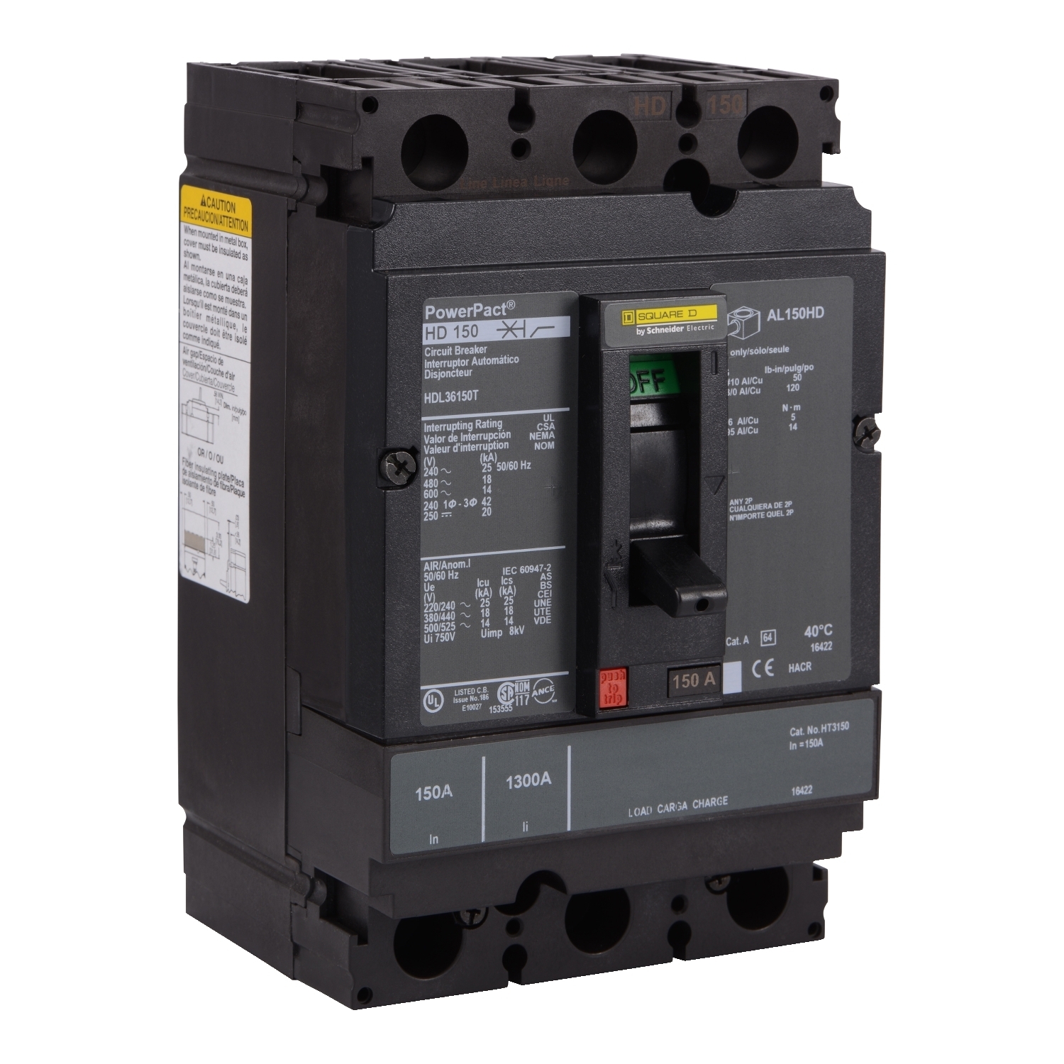Circuit breaker, PowerPacT H, 150A, 3 pole, 600VAC, 14kA, lugs, thermal magnetic, 80%, interchangeable trip unit