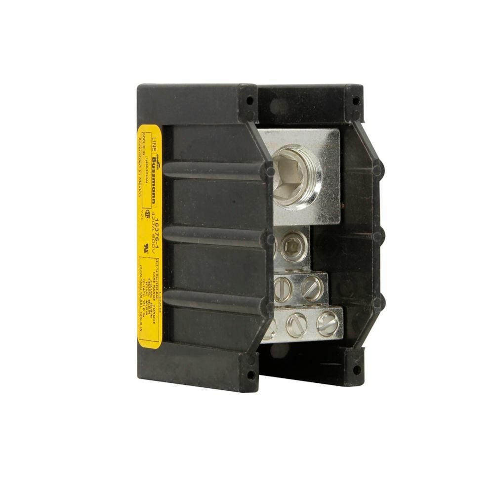 Eaton Bussmann series power distribution block, 600 Vac, 600 Vdc, 420A, Power distribution block, Single-pole, SCCR: 10 kA, Black, Molded Thermoplastic Base, Tin-plated aluminum connector - 16376-1