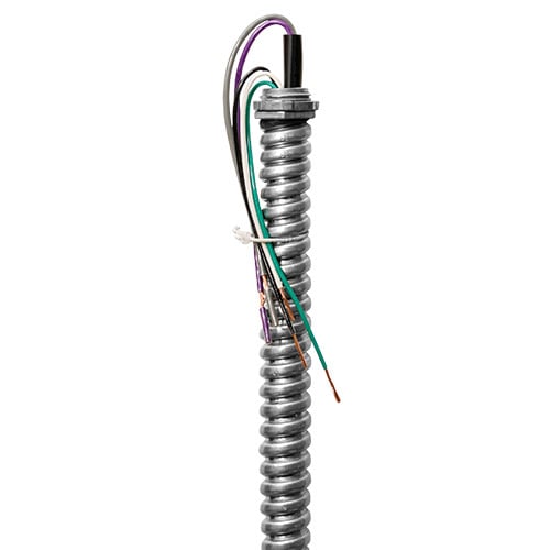 EPCO, Fixture Whip, Stranded Wire, Number Of Conductors: 5, Conductor Size: (3) 16 AWG (Black,White,Green) (2) 16 AWG (Purple,Gray), Voltage Rating: 120 V, Insulation Material: THHN, Length: 6 FT, Conduit Size 1/2 IN, Includes: Screw-In Lock Nut Connectors