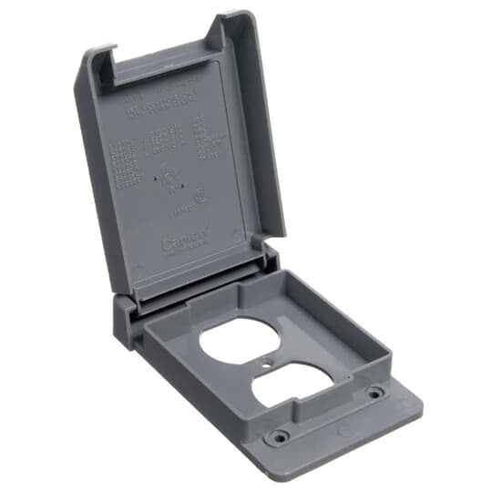 Vertical Mount Weatherproof Duplex Receptacle Box Cover, Length 4.75 Inches, Width 3.0 Inches, Thickness 0.78 Inches, Material Polycarbonate, Color Gray