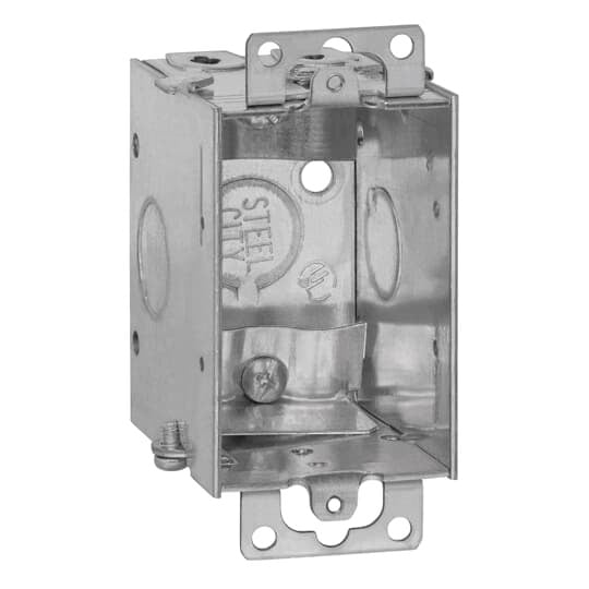 Gangable Switch Box, 12.5 Cubic Inches, 3 Inches Long x 2 Inches Wide x 2-1/2 Inches Deep, 1/2 Inch Knockouts, Pre-Galvanized Steel, Non-Metallic Cable Clamps (C-5), Ears Flush or Old Work, For Non-Metallic Sheathed Cable