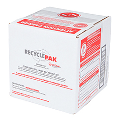 Dimensions: 6x6x6 Capacity: 6-8 medium CFLs or LEDs or 12 small CFLs. Includes: Recycling container, 4 mil poly liner, liner tie, tape, instructions, terms and conditions, proof of purchase, prepaid return shipping with label, recycling and online certificate of acceptance for recycling. Restrictions: Not for export.