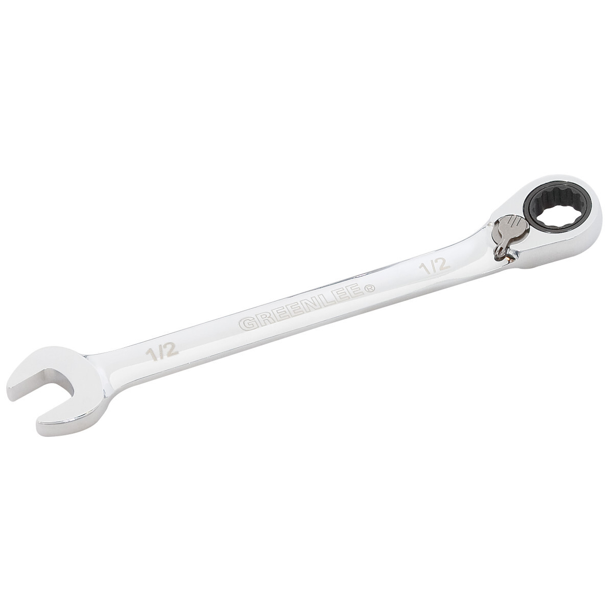 Combination Ratcheting Wrench, 1/2".  Compact reversible switch allows a 15 offset of the box end for clearance of obstacles.  5 ratcheting design for versatility and ease of use in tight spaces.  Polished chrome finish for superior corrosion resistance.  Precision heads for accurate fastener fit.  Hardened for durability and longer life.  Exceeds ASME/ANSI specifications.  Lifetime limited warranty.  Note: This is not an insulated tool.