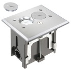 Metallic adjustable floor box. Nickel with threaded plugs. Includes tamper resistant duplex receptacle, cover plate with gasket and Arlington NM94 connector and Arlington NM900 knockout plug.