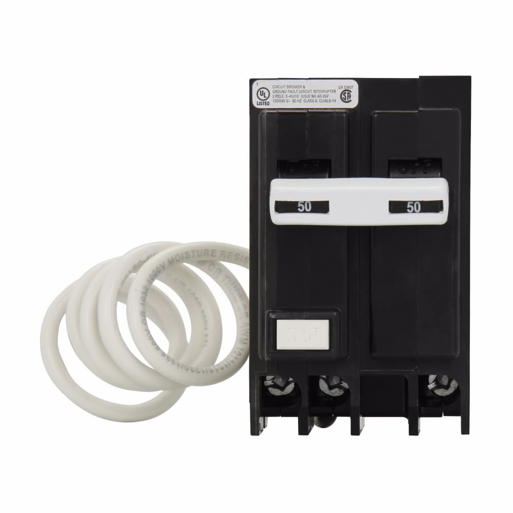 Eaton BR GFCI circuit breaker, Ground fault personnel protection circuit breakers, 50 A, 10 kAIC, Two-pole, 120/240 V, GFTCB, Common, #14-4 AWG, Ground fault circuit interrupter, GFI