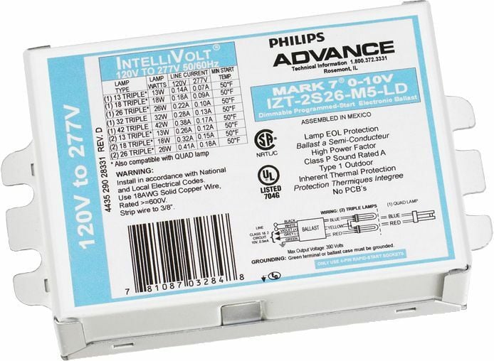 Signify Lighting, Ballast, Mark 7, eFluo Dim, Min Start Temp 50C, Amps 0.82A, Average Life 43800HRS, Volts 120-277V, Watts 42W, Dimmable, Number of Lamps 2, Ballasts Factor 1PCT, Input Frequency 50/60HZ, Programmed Start Yes, Certifications are UL, ISO, FCC