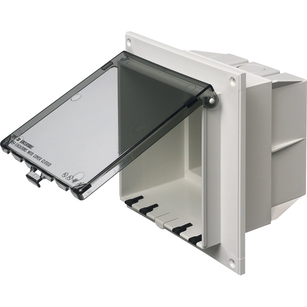 Low profile Inbox for flat surface retrofit construction. With weather proof while in use Extra Duty clear cover. Vertical. Two gang.