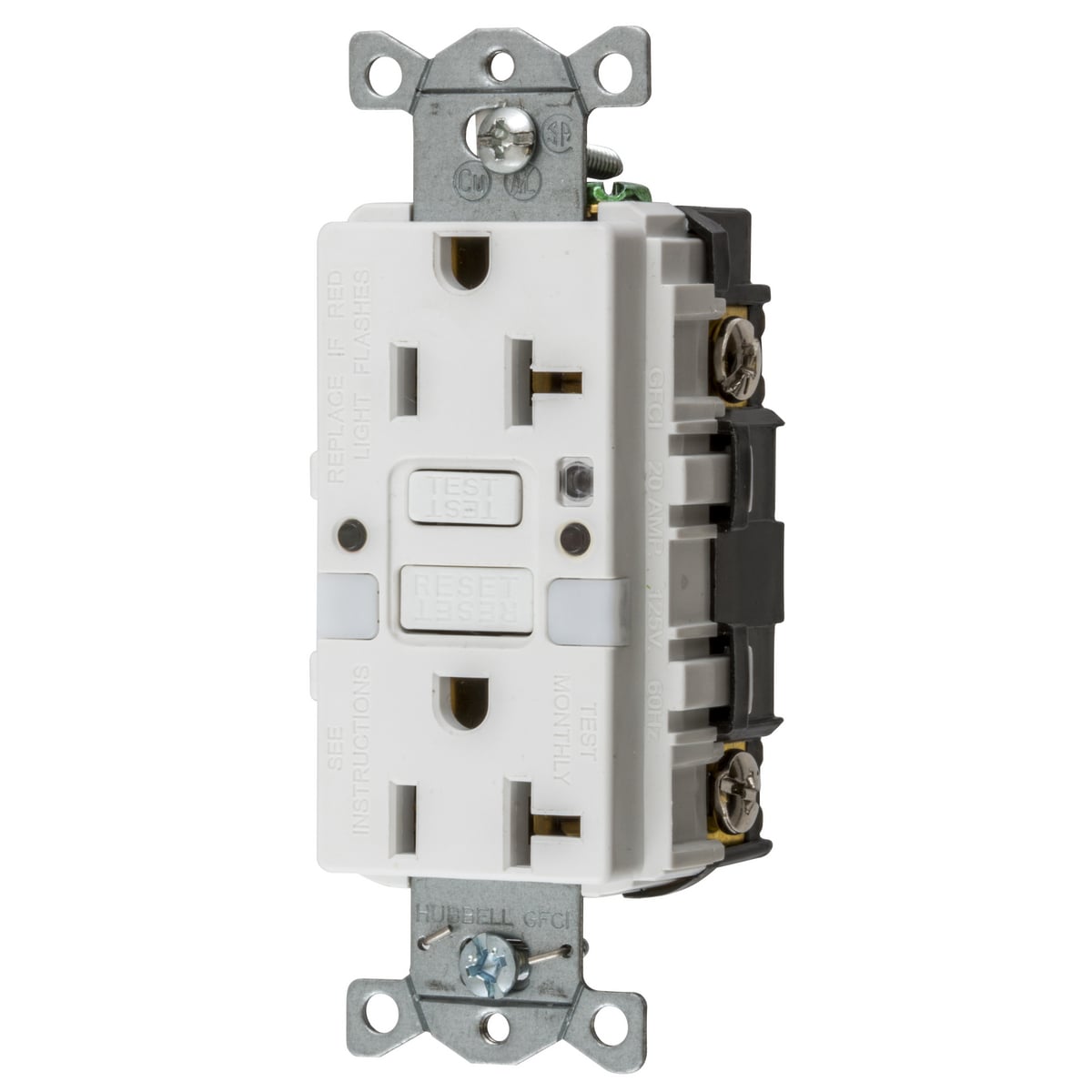 Power Protection Products, Receptacle, GFCI, Commercial Grade, Self Test, 20A 125V, 2-Pole 3-Wire Grounding, 5- 20R, With Nightlight, White