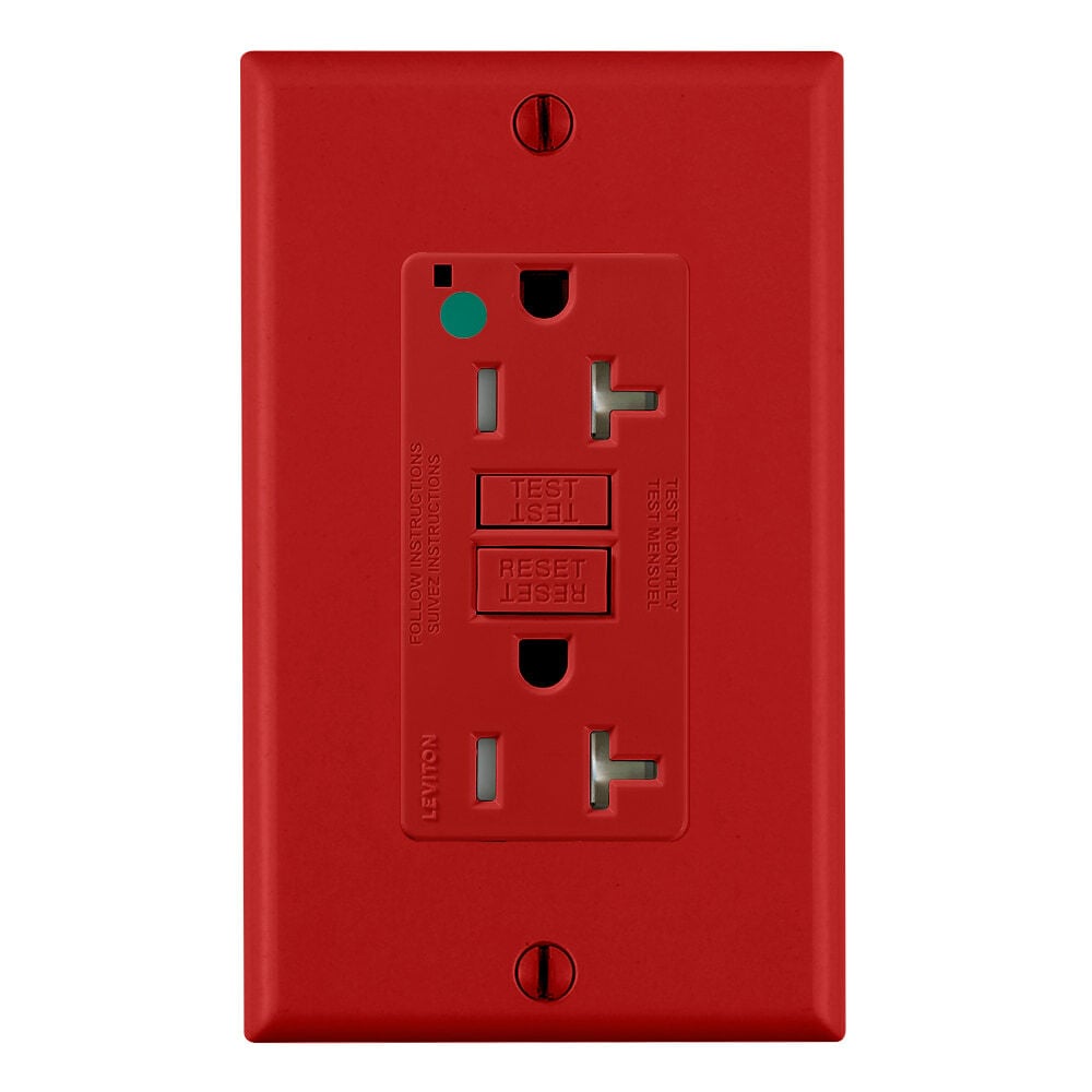 20 Amp, 125 Volt, SmartlockPro Slim Self-Test GFCI Receptacle, Extra-Heavy Duty Hospital Grade, Tamper-Resistant, NEMA 5-20R, 20A Feed-Through, 2P, 3W, Matching Wallplate Included - RED
