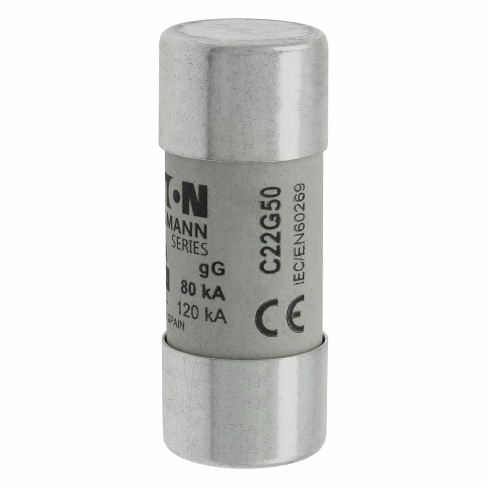 Eaton Bussmann series low voltage 22 x 58 mm cylindrical/ferrule fuse, rated at 690 Volts AC, 50 Amps, 80 kA Breaking capacity, class gG/gL, without indicator, compatible with a CH22 Modular fuse holder