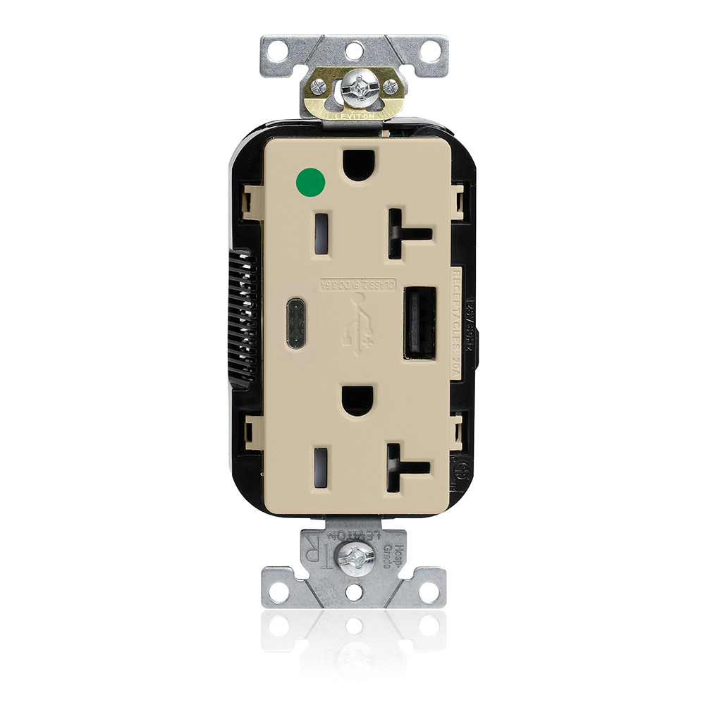 Lev-Lok Combination Tamper-Resistant Duplex Decora Receptacle and Dual-Port USB Type A-C Charger, NEMA 5-20R, 20A-125V, 2 Pole, 3-Wire Grounding Receptacle  - Ivory