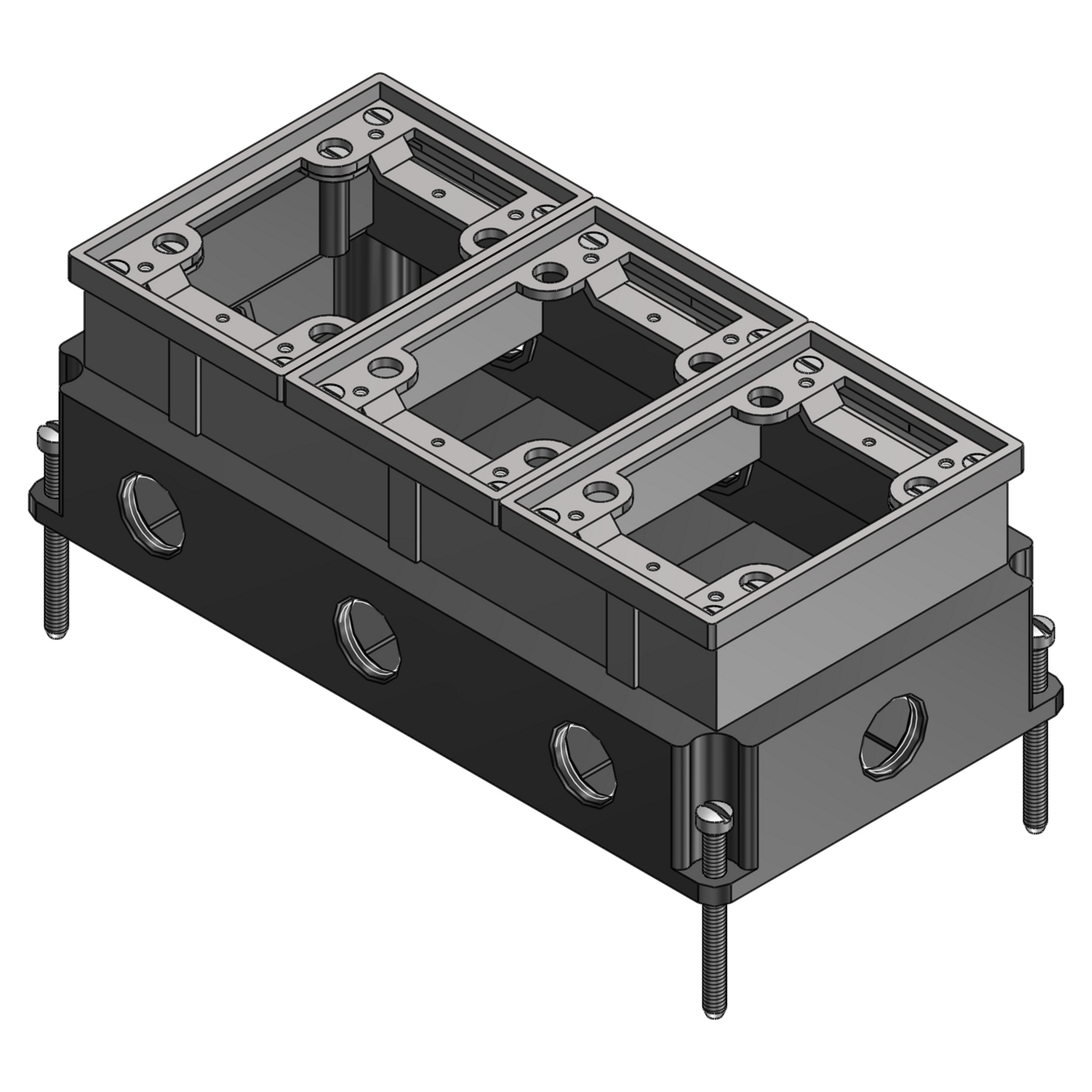 Three Gang Flush Service Floor Box, 111 Cubic Inches, Length 4-1/2 Inches, Width 3 Inches, 1 Inch Conduit Hubs, Cast Iron with Aluminum Trim, For Power, Communications, and Data