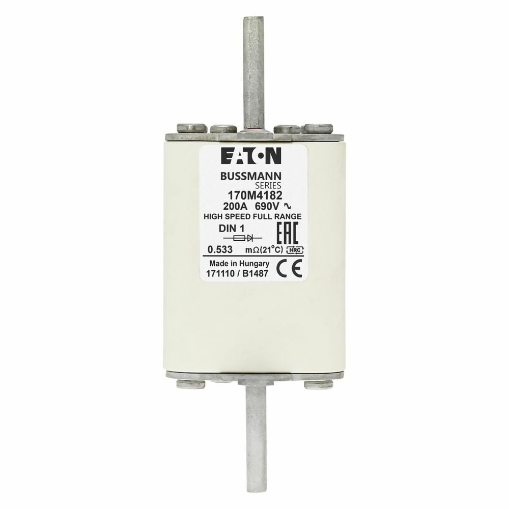 Eaton Bussmann series high speed square body fuse, 700V (UL), 690V (IEC), 200A, 200 kAIC, Top fuse status indicator, Fuse, Blade end X Din 43-620 blade end, Class gR, DIN 43 620