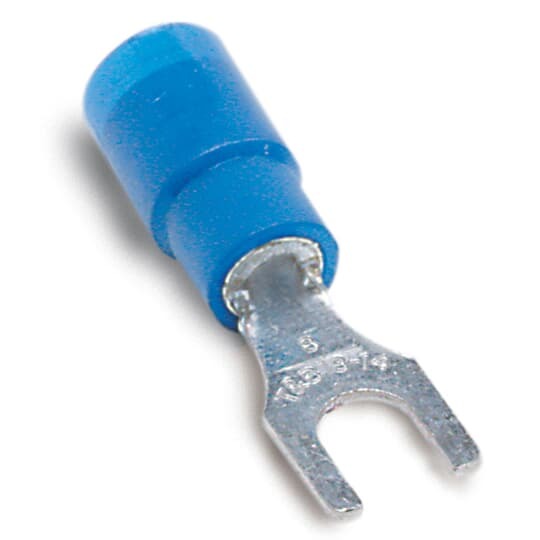 Expanded Vinyl-Insulated Fork Terminal, Length .97 Inches, Width .31 Inches, Maximum Insulation .200, Bolt Hole #10, Wire Range #18-#14 AWG, Color Blue, Copper, Tin Plated