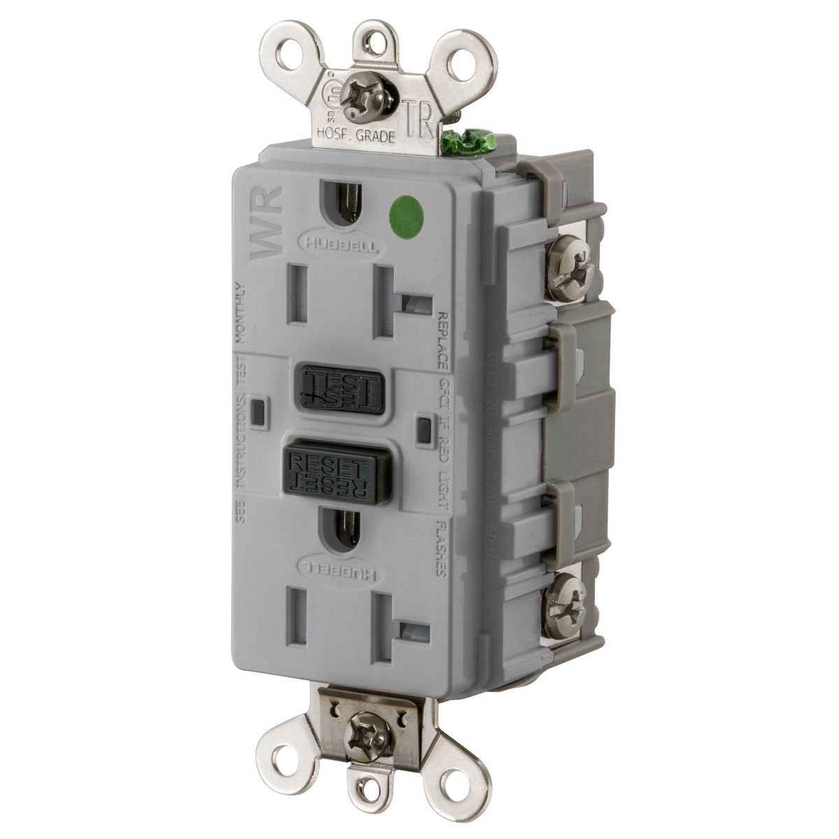 20A, 125V Industrial Hospital Grade, Tamper-Resistant, Weather-Resistant, Ground Fault Receptacle, Gray