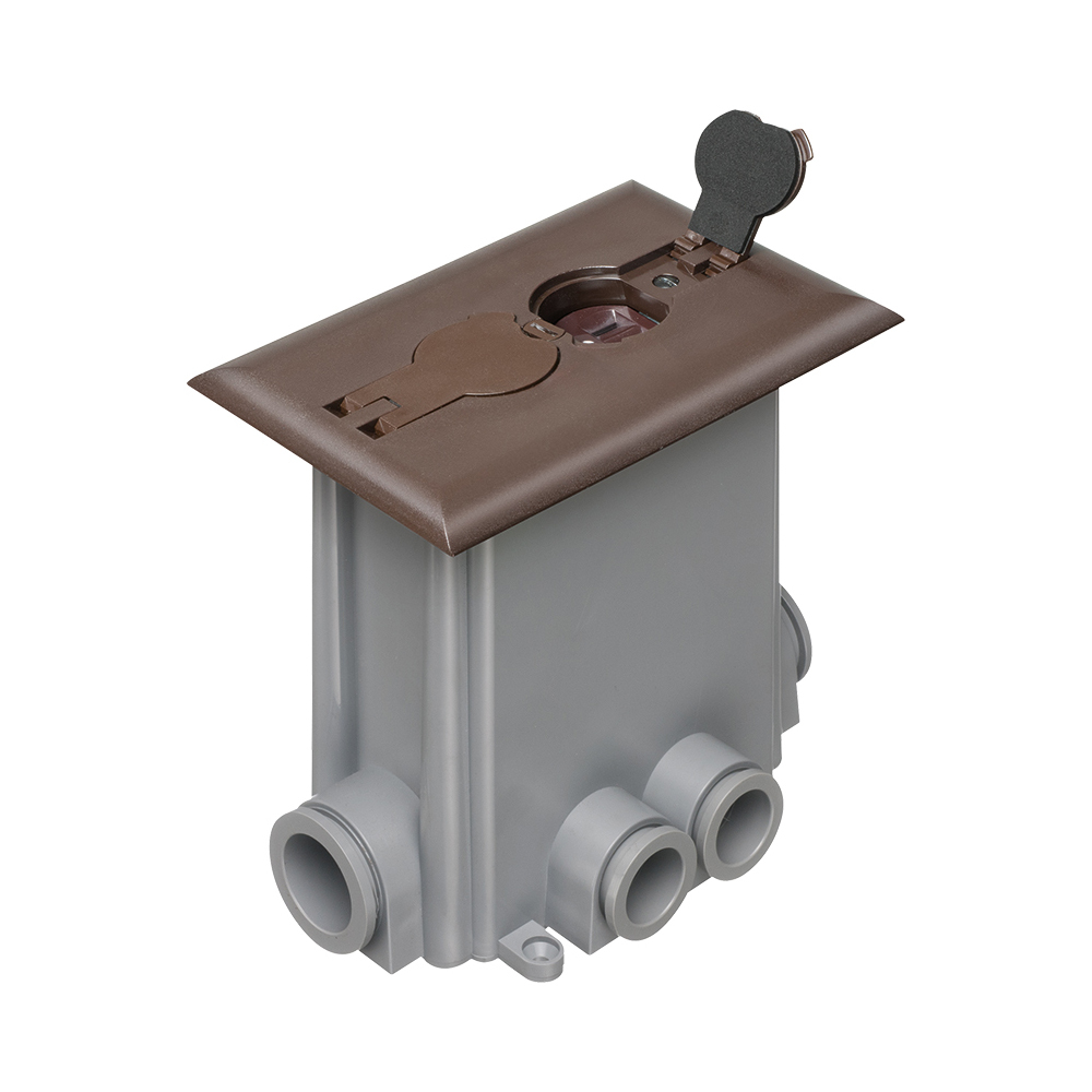 Non Metallic concrete floor box with non metallic covers for new concrete pours. Brown with flips lids. Includes Box, Mud Cover, Four 3-1/4 plugs, two 1" plugs, 1/8" spacer 1/4" spacer. one 1/2" spacer, one 3/4" spacer, Mounting bracket, Duplex receptacle, Gasketed cover plate.