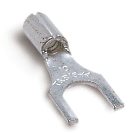 Non-Insulated Fork Terminal, Length .90 Inches, Width .44 Inches, Bolt Hole 1/4 Inch, Wire Range #18-#14 AWG, Copper, Tin Plated