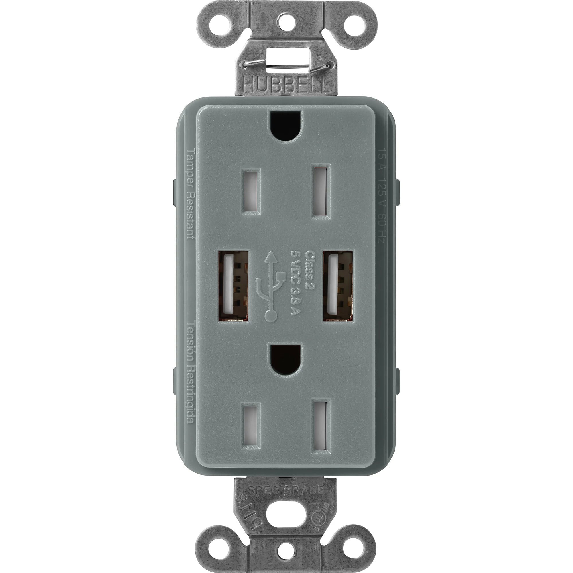 Lutron Claro USB Type A 2.0 Duplex Receptacle, 15 Amp, Slate