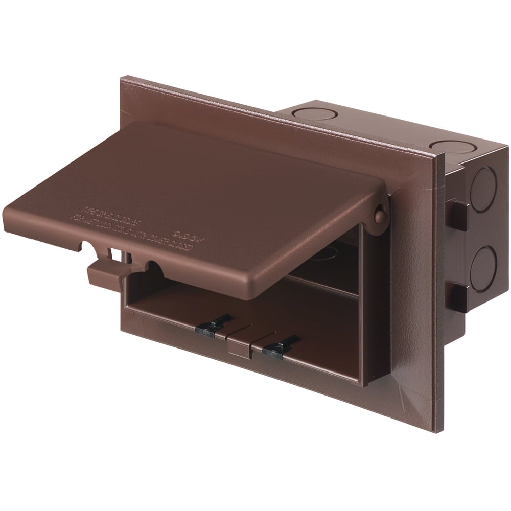 Low profile inbox for new brick construction. Recessed electrical box with weather proof in use cover. Horizontal. Brown with brown cover.