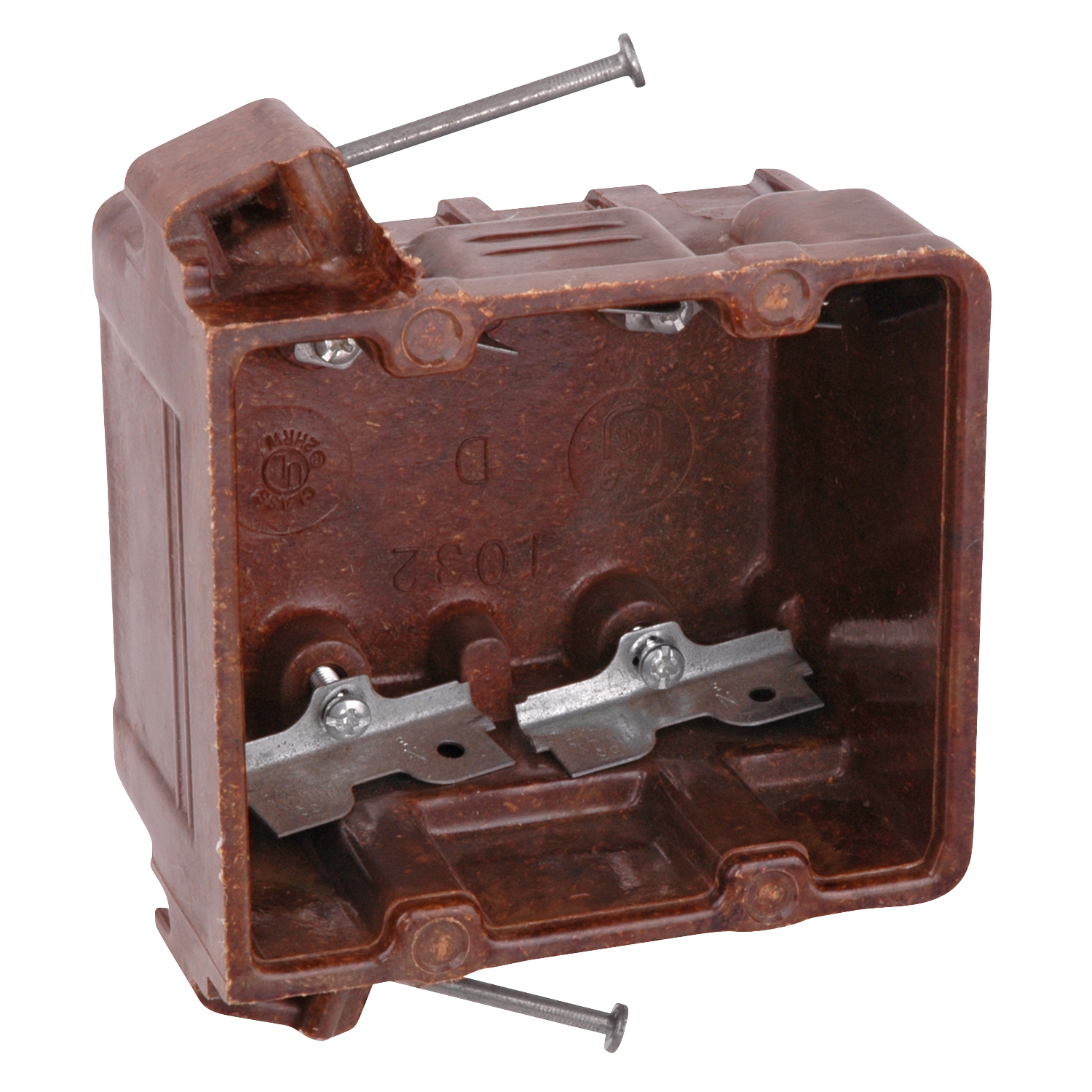 Two-Gang Nail-On Outlet Box, Volume 27.5 Cubic Inches, Length 3-5/8 Inches, Width 4-1/16 Inches, Depth 2-11/16 Inches, Color Brown, Material Phenolic, Mounting Means Compound Angled Nails, with High Clamps