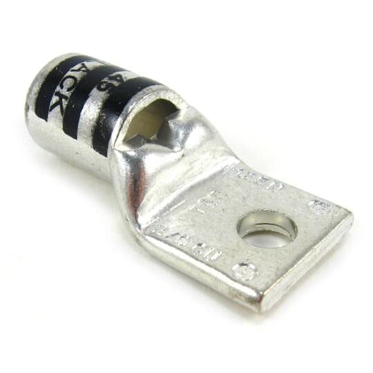 Copper One-Hole Lug, Standard Barrel, Peep Hole, Max 35kV, Wire Size 2/0 AWG, 1/2 Inch Bolt Size, Tin Plated, Die Code 45, Die Color Code Black