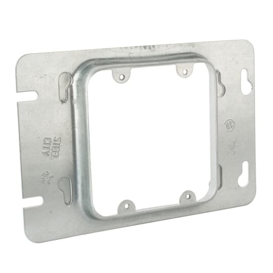 Two Gang Box Cover, 8.5 Cubic Inches, 7 Inches Long x 4-11/16 Inches Wide x 13/16 Inches Raised for Plaster, Galvanized Steel, Holes between Gangs are Spaced on 13/16 Inch Centers, Tapped Holes in Ears, Spaced on 3-9/32 Inches Centers to Accommodate All Standard Receptacles and Switches, Furnished with Extra Plugged Screw Holes, if these Screw Holes are Used, the Cover will fit the Next Smaller Size Box