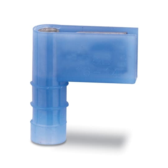 Nylon Insulated Open Top 90 Degree Flag Female Disconnect Terminal, Length .80 Inches, Width .72 Inches, Maximum Insulation .190, Tab Size .250x.032, Wire Range #16-#14 AWG, Color Blue, Copper, Tin Plated, On Mylar Tape, 500 Pack