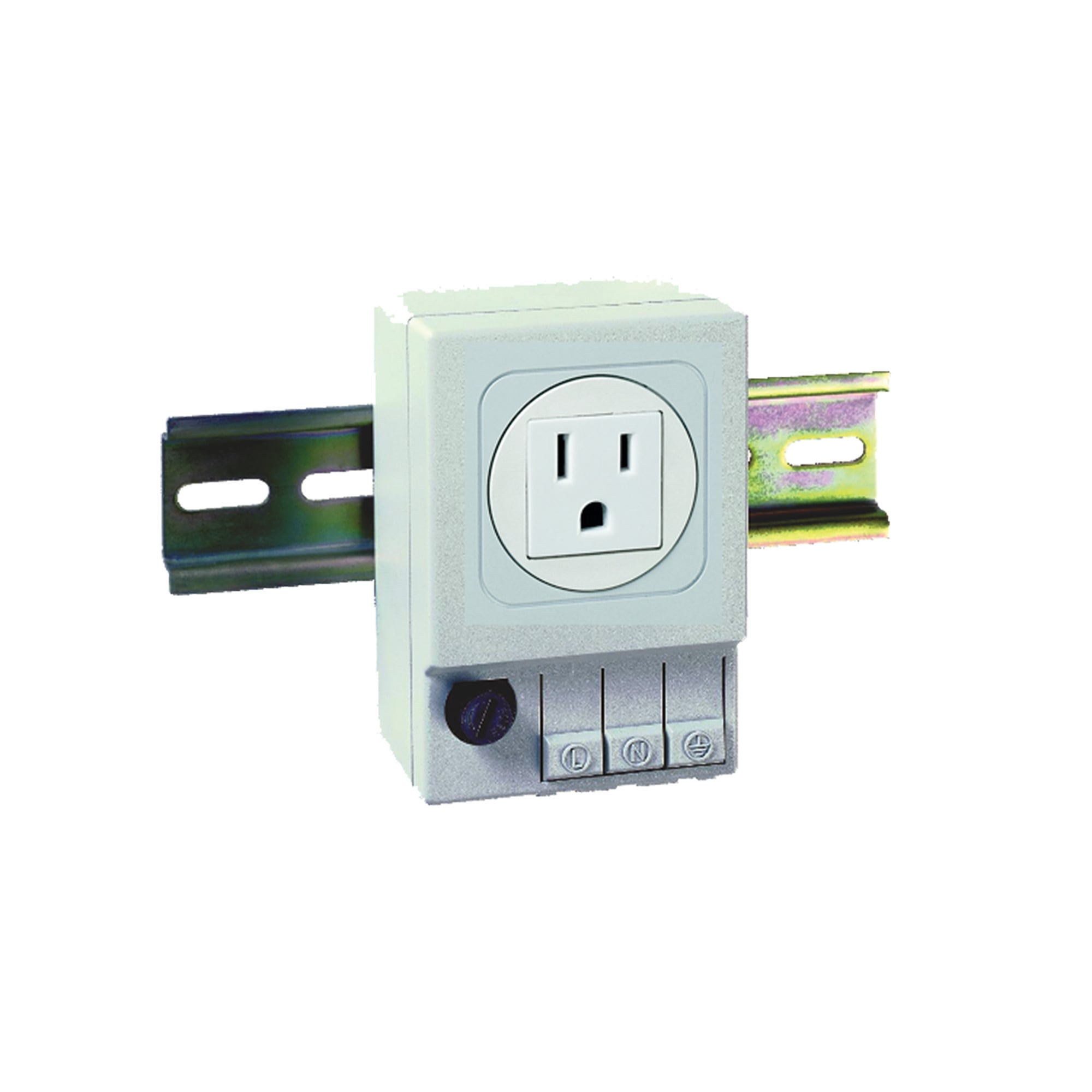 NEMA 5-15R DIN-Mounted Outlet, No fuse, 3.54x2.44x1.97, Light Gray, Plastic