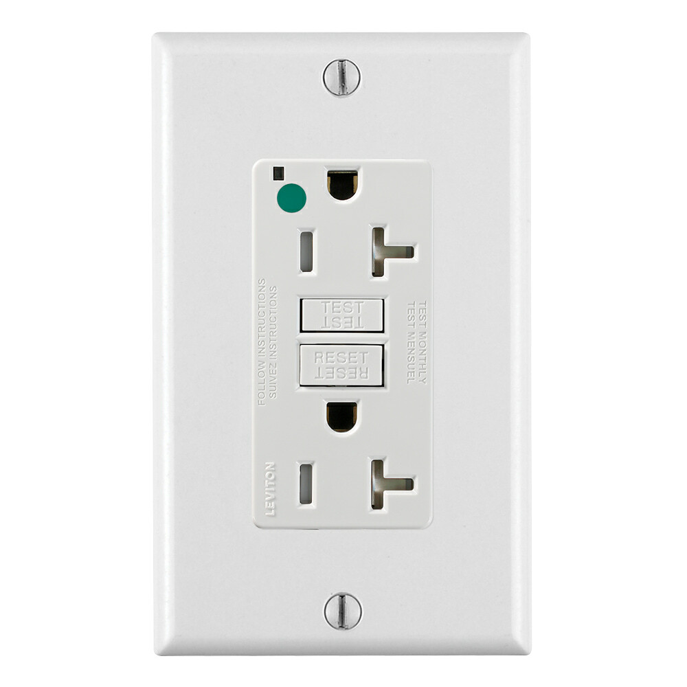 Shallow, Hospital Grade, Fed-spec, Tamper Resistant Self-Test GFCI Receptacle. Nema 5-20R, 20A-125V @ Receptacle, 20A-125V. Feed-through, Lighted, Smooth Face. Wrap-around Mounting Strap. Covered Load Terminals. Line Terminal Clamps - White, W/white Test And Reset Button.