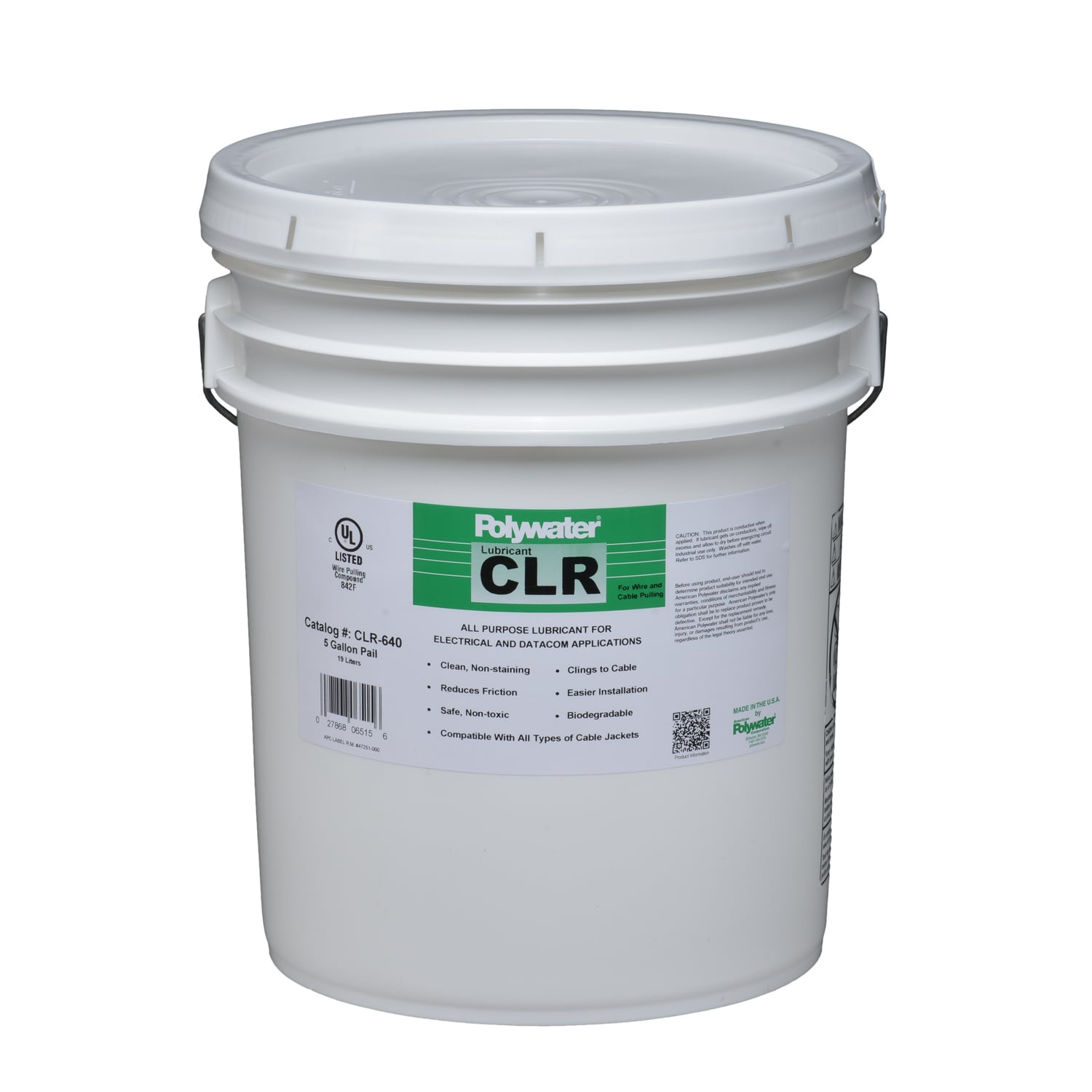 5-gal. pail. Clear Lubricant for Everyday Cable PullingPolywater CLR Clear Cable Pulling Lubricant is a clear, colorless, clean, slow-drying, easy-to-apply gel lubricant. This thick gel lubricant was developed to avoid drippage for easy handling and application.
