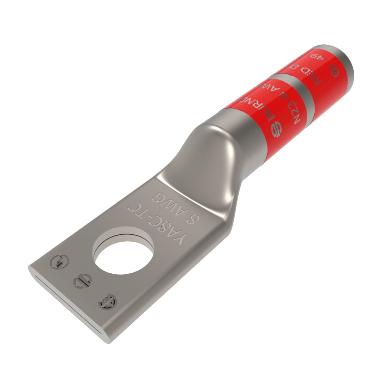 8 AWG CU, One Hole, 3/8 Stud Size, Long Barrel, Internal Chamfer, Tin Plated, UL/CSA, 90?C, Up to 35kV,RED Color Code, 49 Die Index.