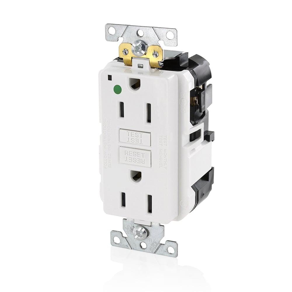 15 Amp, 125 Volt, SmartlockPro Slim Lev-Lok  Self-Test GFCI Receptacle, Extra-Heavy Duty Hospital Grade, 20A Feed-Through,NEMA 5-15R, 2P, 3W, Modular Terminals  WHITE