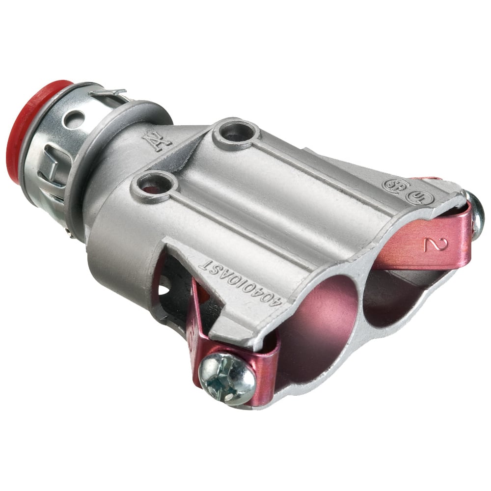 Duplex zinc die-cast, 1/2" Knockout MC cable connector snaps quickly on to the conduit with a removable screw in spring steel clip and then snaps into knockout with external spring steel clip, no tools required. Concrete tight when taped. Comes with Insulated throat.