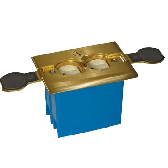Single Gang Adjustable Residential Floor Box, 20 Cubic Inches, Cover Brass, Non-Metallic, Tamper Resistant Duplex Receptacle