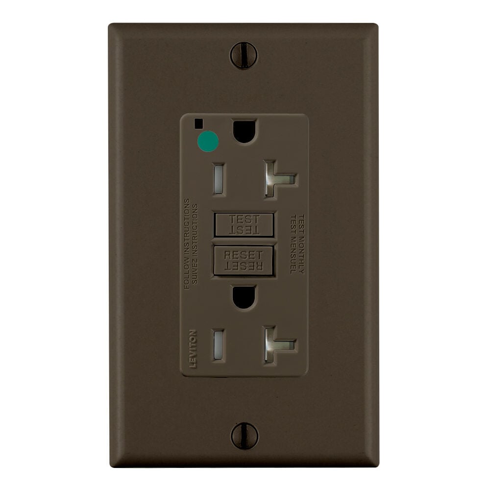 20 Amp, 125 Volt, SmartlockPro Slim Self-Test GFCI Receptacle, Extra-Heavy Duty Hospital Grade, Tamper-Resistant, NEMA 5-20R, 20A Feed-Through, 2P, 3W, Matching Wallplate Included - BROWN