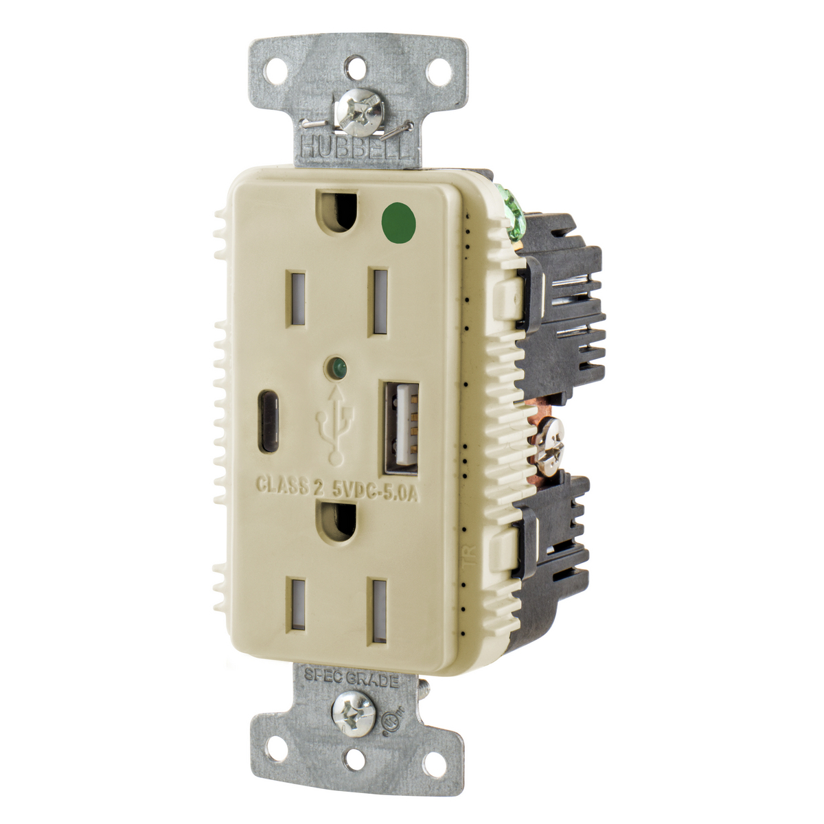 USB Charger Duplex Receptacle, HospitalGrade, 15A 125V, 2-Pole 3-Wire Grounding, 5-15R, 1) 5A "C" USB and "A"Ports, Ivory