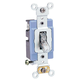 15 Amp, 120 Volt, Toggle Pilot Light, Illuminated ON, Req. Neutral Single-Pole AC Quiet Switch, Industrial Grade, Self Grounding, Clear